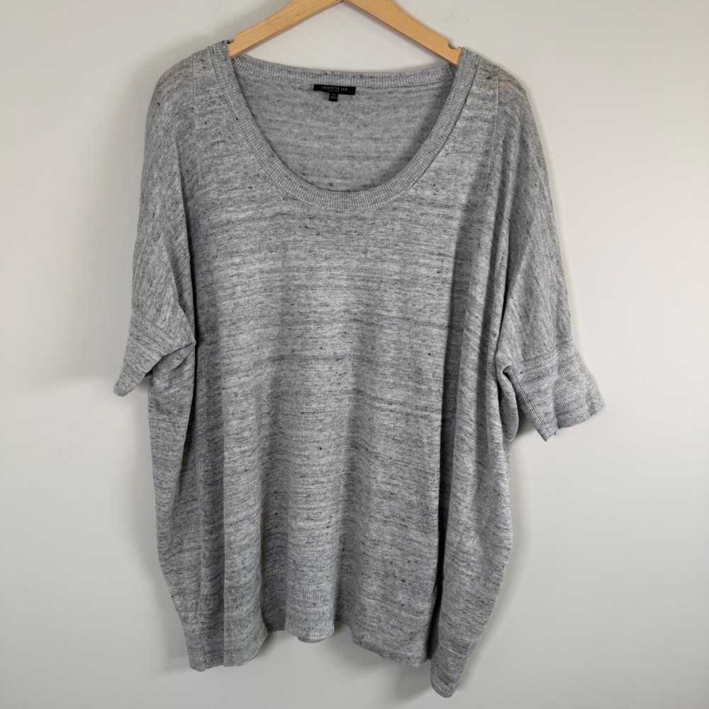 Lafayette 148 Linen Blend Knit Short Sleeve Shirt Top Blouse M/L Gray Scoop Neck